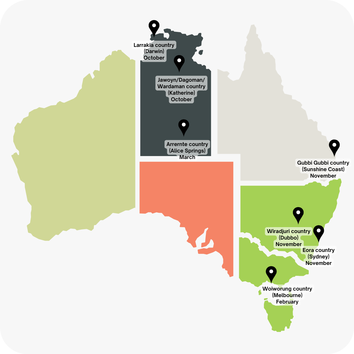 A map of Australia and places where the Community Connections Tour is going and has been - Darwin, Alice Springs, Katherine, Sunshine Coast, Dubbo, Melbourne, Sydney