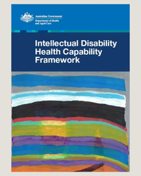 Cover of the Intellectual Disability Health Capability Framework. It is blue with some colourful brush strokes at the bottom.