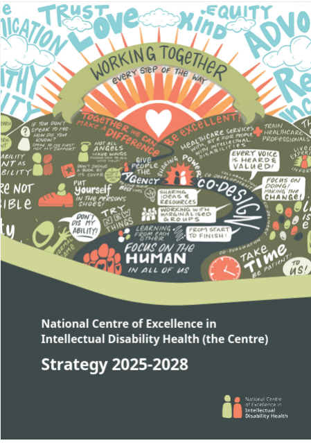 Picture of the front page of the Centre's strategy document. It has an illustration with a rainbow and hills and the words Working Together.