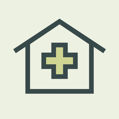 Graphic of a house with a medical cross inside.