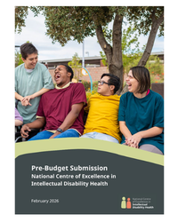 Pre-Budget Submission title page. Photo of four people with intellectual disability laughing.