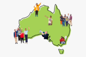 A map of Australia with people dotted around in different states.