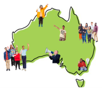 Picture of a map of Australia with groups of people at the state capitals cities.