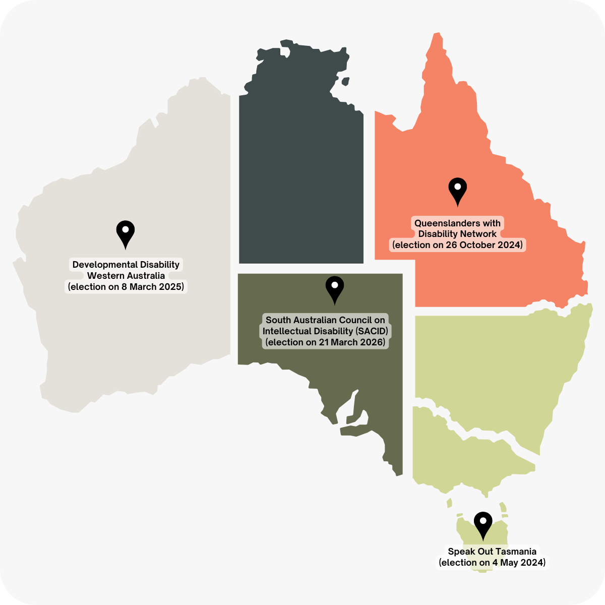 Map of Australia with the points above mapped on the states.