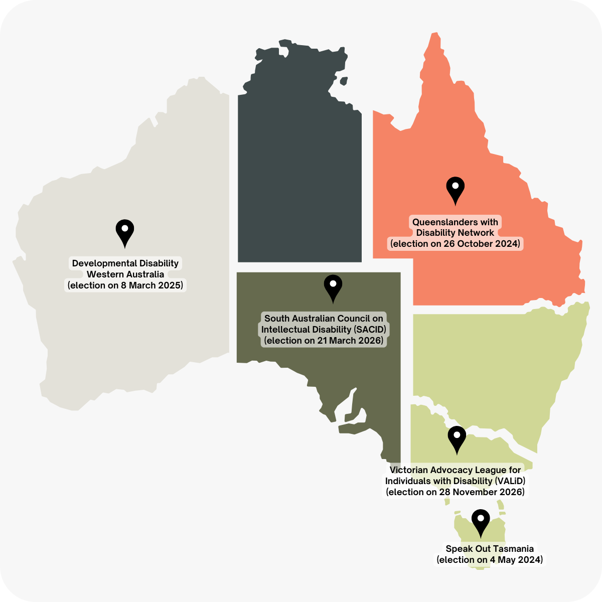 A map of Australia and locations of disability organisations we are working.