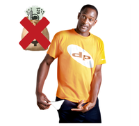 Photo of a man holding out an empty pocket. A picture of a bag of money with a red cross on it next to him.