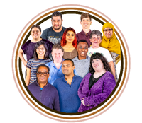 Photo of lots of people from different cultural backgrounds in a circle frame.