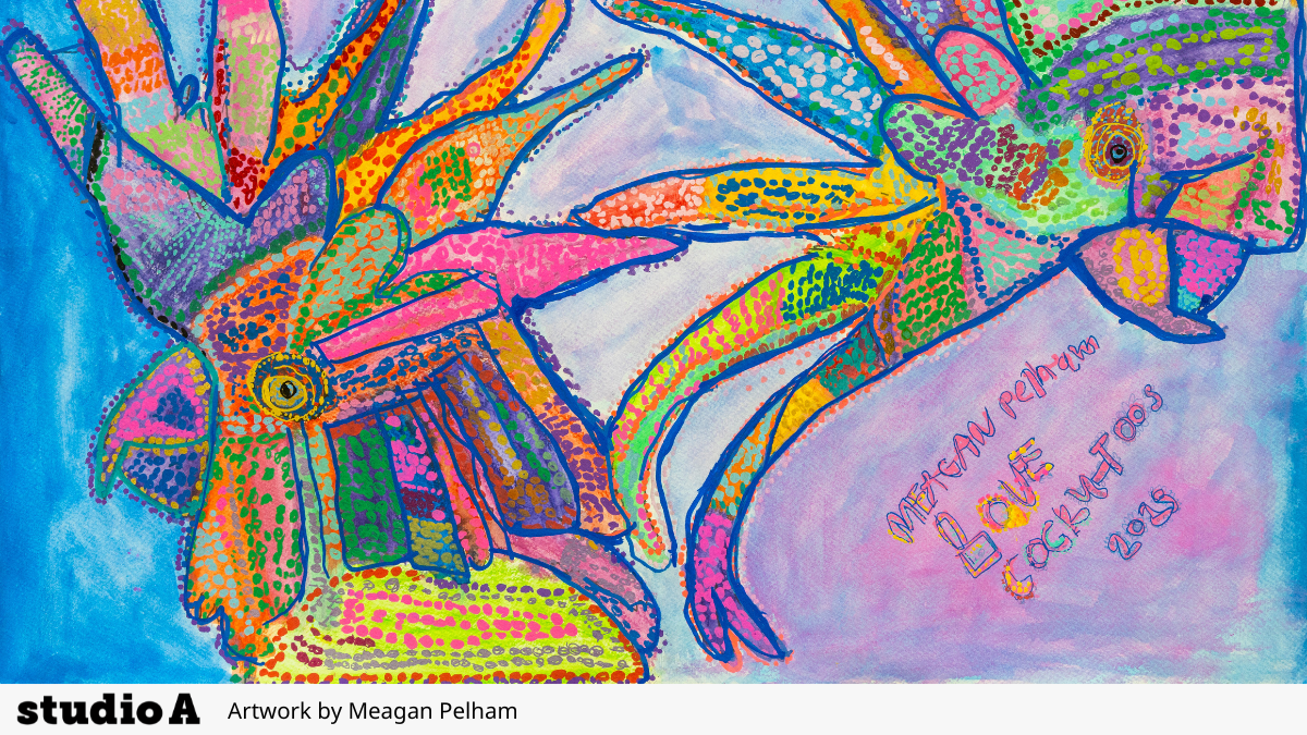 An artwork by Meagan Pelham from Studio A. Two cockatoos in pinks, and blues, and greens and yellows.