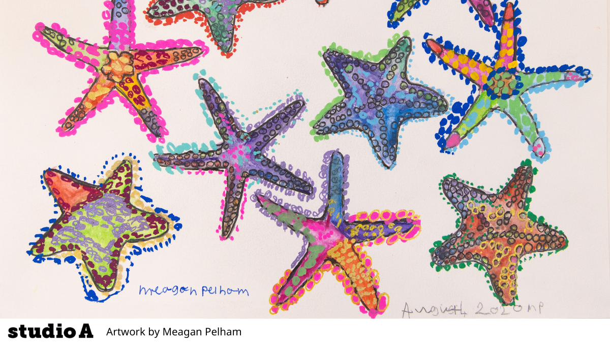 Artwork by Meagan Pelham from Studio A. Colourful starfish on a pale pink background.
