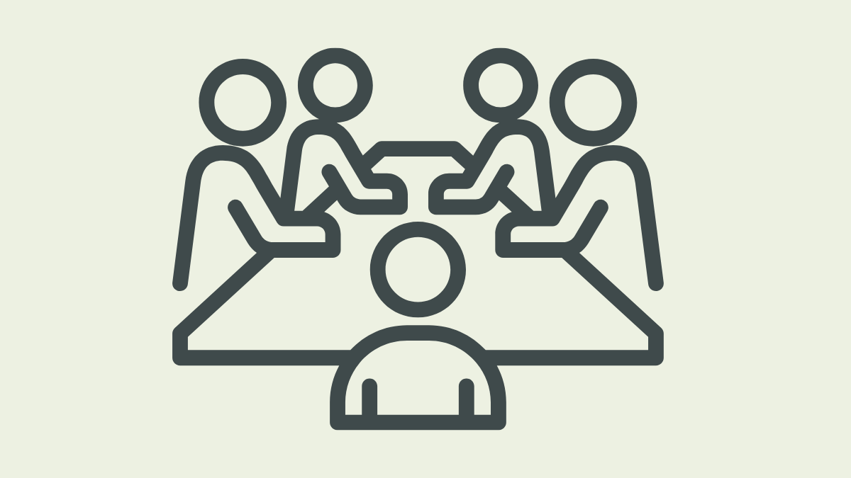 Graphic outline of five people sitting around a table.