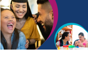 Dark blue background with photos of people with intellectual disability laughing together.