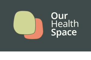 Our Health Space in white writing on a dark grey background. The logo is two shapes - one pale green and one orange.