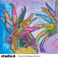 An artwork by Meagan Pelham from Studio A. Two cockatoos in pinks, and blues, and greens and yellows.