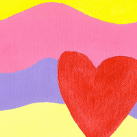 An artwork with a red heart and pink, purple, yellow waves in the background. By Mimari Hartono.