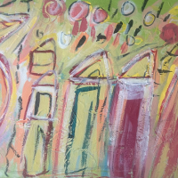 Painting in yellows and reds and greens. Houses. By Clare Hooper.
