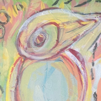 A yellow, red, blue, green artwork. It is a kookaburra. The artist has intellectual disability. Her name is Clare Hooper.