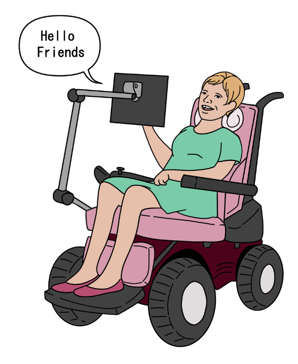 Illustration of a woman in a wheelchair with a communication device. She is saying "Hello Friends".