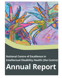 Front cover of the Centre's annual report. It says National Centre of Excellence in Intellectual Disability Health (the Centre) Annual Report. Annual Report is in big letters. There is an artwork at the top of the page. It is a painting of two cockatoos. The artwork is by Meagan Pelham, Studio A.