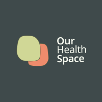 The Our Health Space logo. It has two blob-like shapes. The one in front is yellow-green. The one behind is orange. The words Our Health Space in white to the right of the blobs.