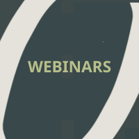 The word Webinars in capital letters. The word is green on a dark grey background.
