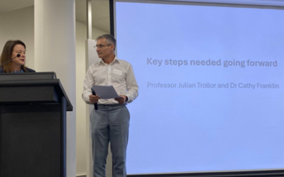 Two people giving a presentation at the roundtable.