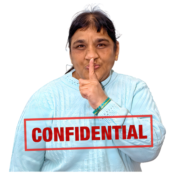 A women holding one finger in front of her mouth like saying "shhhh". The word CONFIDENTIAL in red writing is like a stamp across her chest.