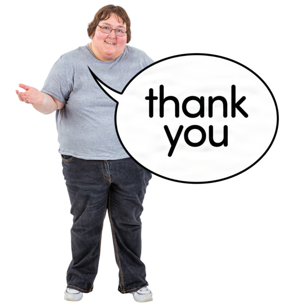 A woman standing with that words "thank you" in a speech bubble.