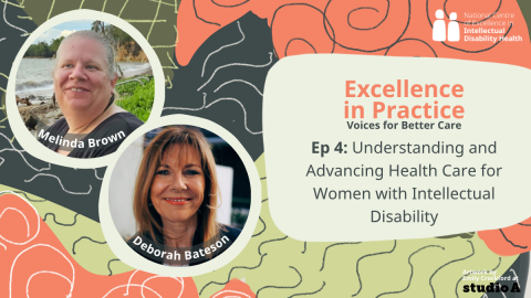 Excellence in Practice: Voices for Better Care podcast logo. Excellence in Practice is in orange letters in a shape. Voices for Better care is in smaller letters under those words in black. A swirly orange, dark grey, and light green artwork in the background.