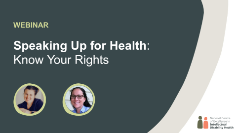 Webinar: Speaking up for health: know your rights. There are two photos of people on the image. They are head shots in circles. One if Ally Gillies. One is Elizabeth Christodoulou.