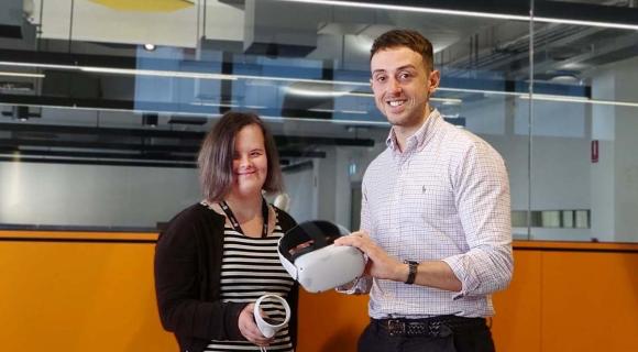 Katrina and Stefan trying out a virtual relaity headset