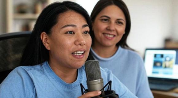 A person talking on a podcast microphone with a fellow podcaster in support