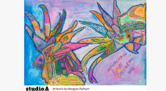 Artwork by Meagan Pelham from Studio A. A pair of cockatoos in pinks, blues, yellows, and other colours.