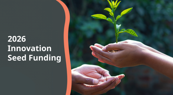 Dark grey banner with a photo of two hand on the right. One hand is holding a small plant. The words 2026 Innovation Seed Funding are on the left.